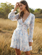 Ruffles Chiffon Boho V-Neck Mini Beach Dress With Long Lantern Sleeves