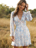 Ruffles Chiffon Boho V-Neck Mini Beach Dress With Long Lantern Sleeves