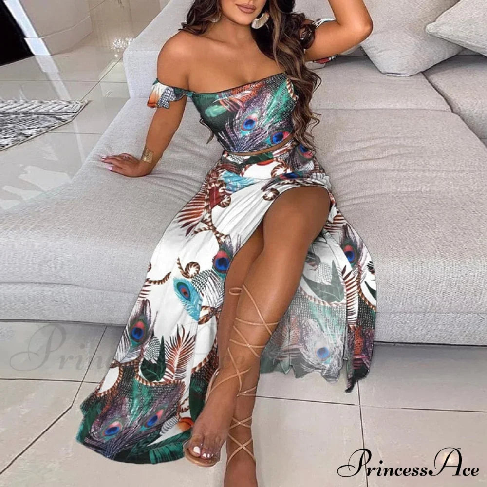Slash And - Long Warm-Season Top Slit Piece Spring With Shoulder Neck Set Two Off Flowered Party Gown Design Skirts