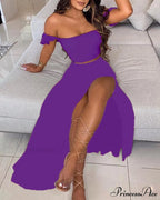 Slash And - Long Warm-Season Top Slit Piece Spring With Shoulder Neck Set Two Off Flowered Party Gown Design Skirts