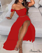 Slash And - Long Warm-Season Top Slit Piece Spring With Shoulder Neck Set Two Off Flowered Party Gown Design Skirts