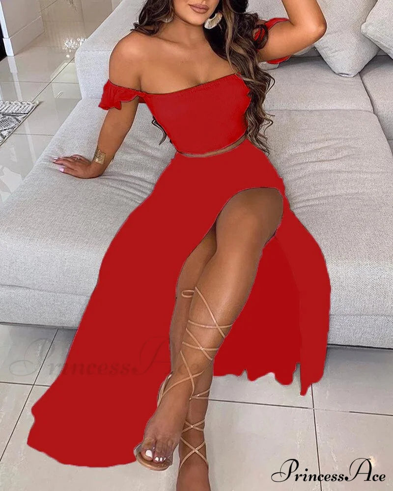 Slash And - Long Warm-Season Top Slit Piece Spring With Shoulder Neck Set Two Off Flowered Party Gown Design Skirts