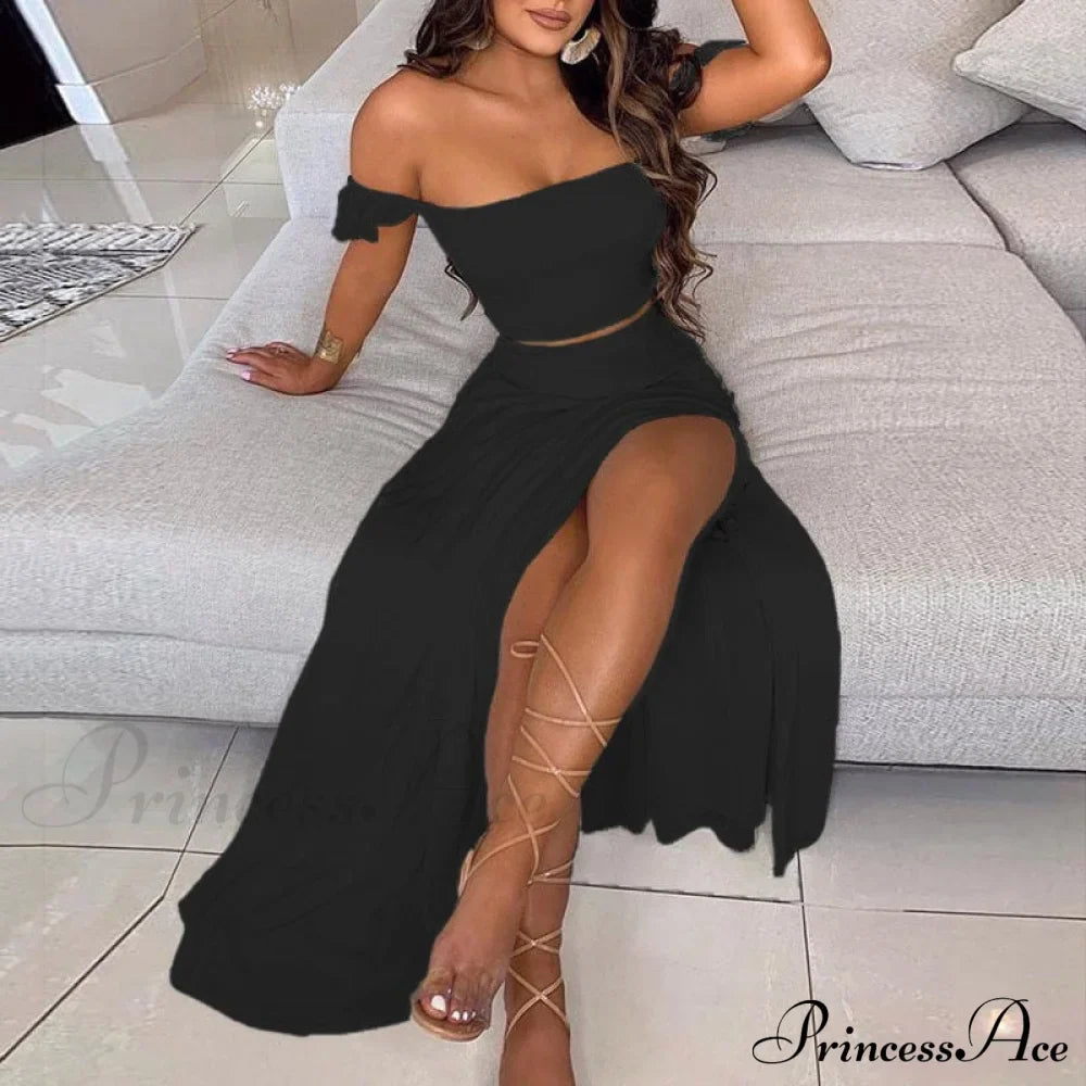 Slash And - Long Warm-Season Top Slit Piece Spring With Shoulder Neck Set Two Off Flowered Party Gown Design Skirts