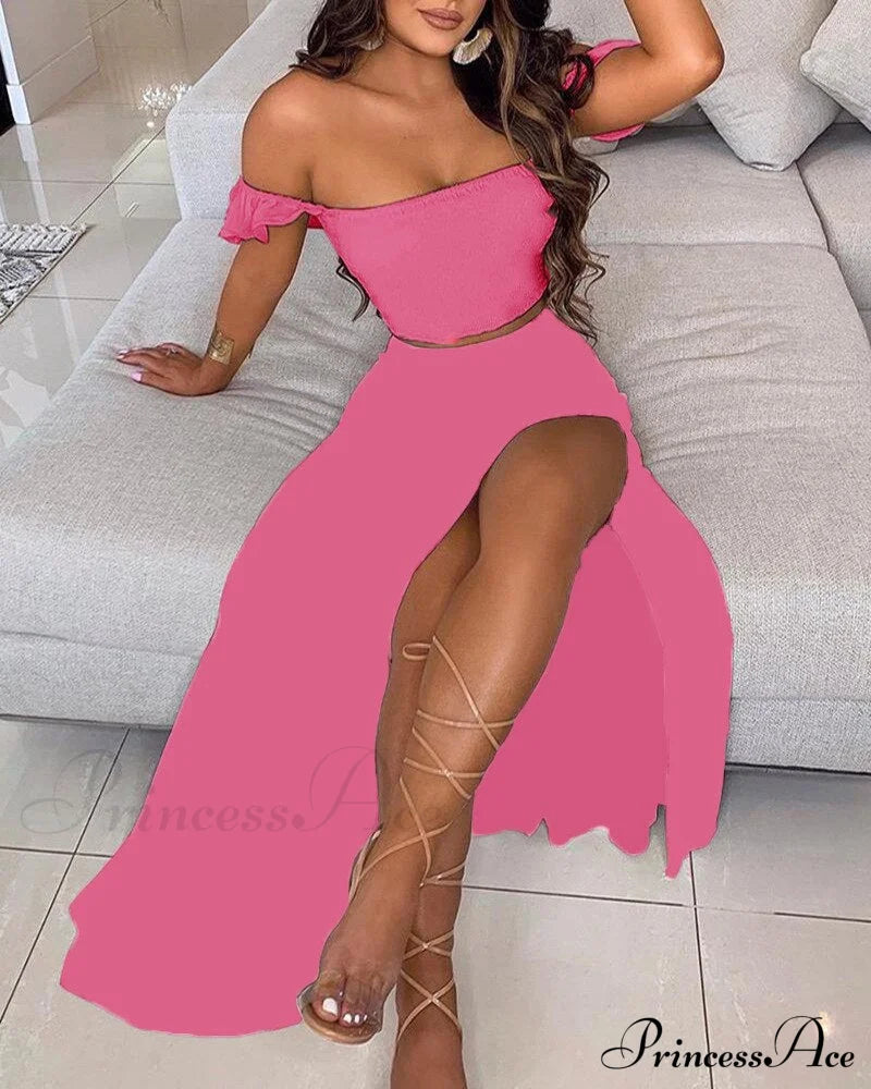 Slash And - Long Warm-Season Top Slit Piece Spring With Shoulder Neck Set Two Off Flowered Party Gown Design Skirts