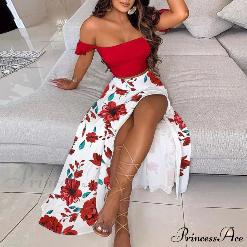 Slash And - Long Warm-Season Top Slit Piece Spring With Shoulder Neck Set Two Off Flowered Party Gown Design Skirts