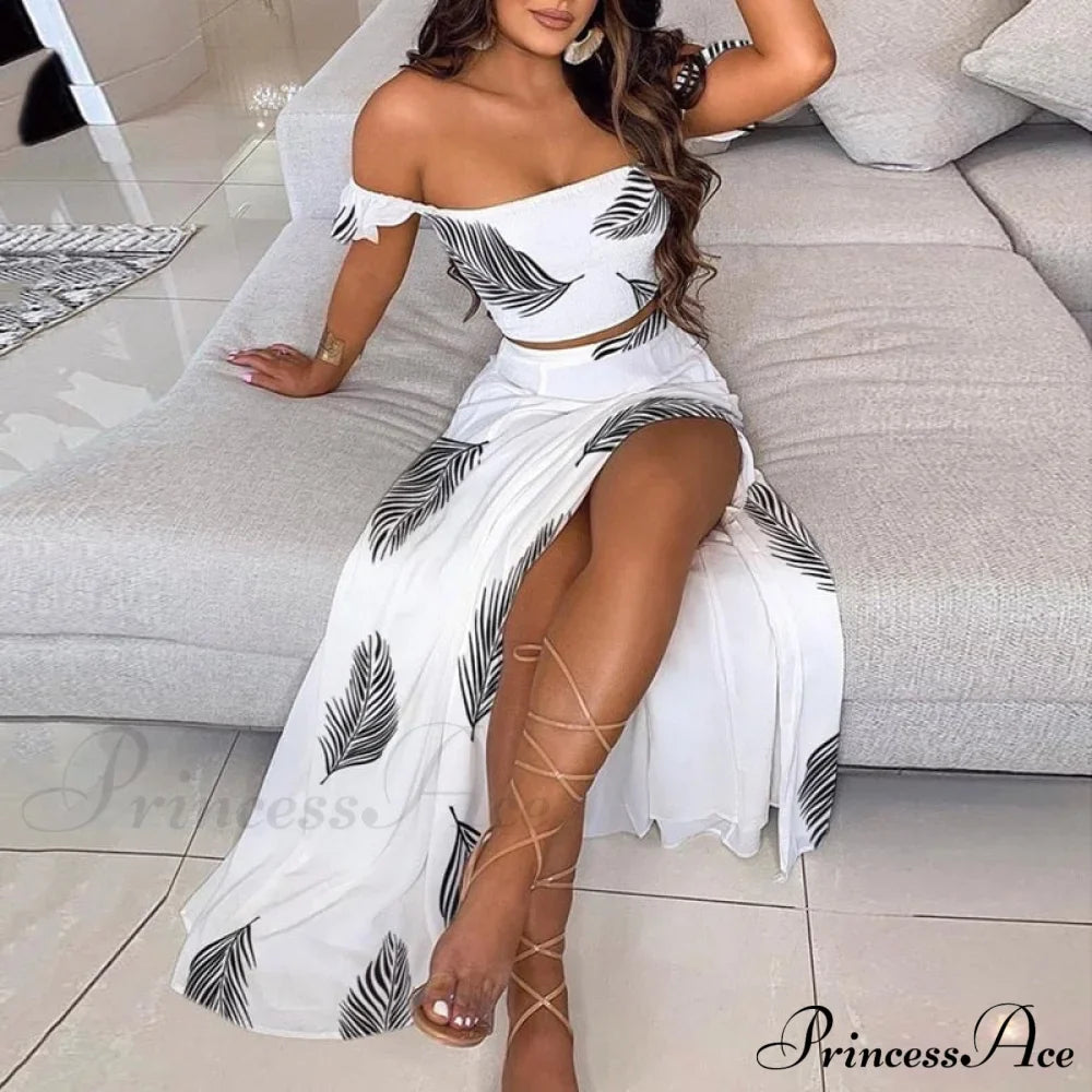 Slash And - Long Warm-Season Top Slit Piece Spring With Shoulder Neck Set Two Off Flowered Party Gown Design Skirts