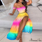 Slash And - Long Warm-Season Top Slit Piece Spring With Shoulder Neck Set Two Off Flowered Party Gown Design Skirts