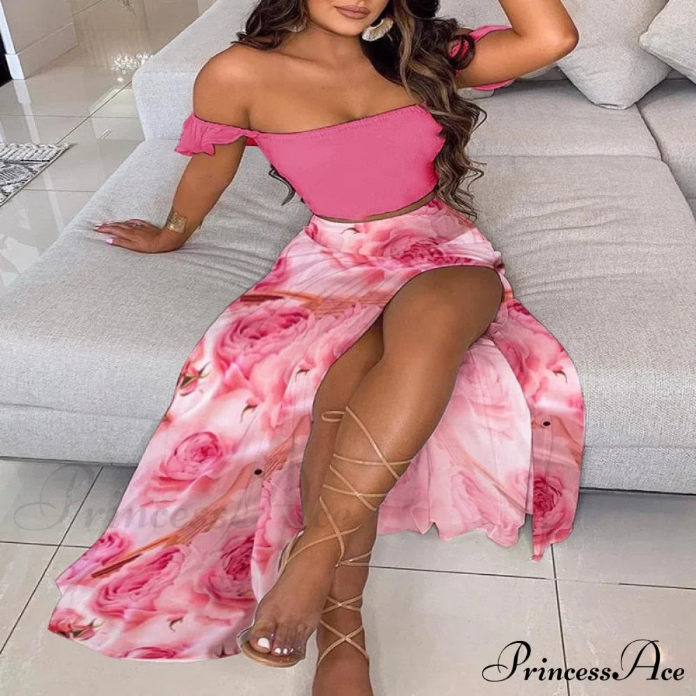 Slash And - Long Warm-Season Top Slit Piece Spring With Shoulder Neck Set Two Off Flowered Party Gown Design Skirts
