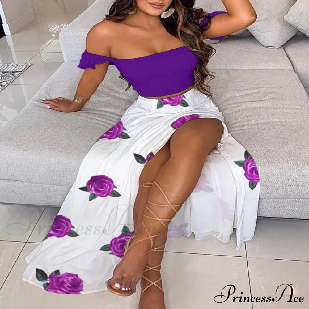 Slash And - Long Warm-Season Top Slit Piece Spring With Shoulder Neck Set Two Off Flowered Party Gown Design Skirts