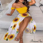 Slash And - Long Warm-Season Top Slit Piece Spring With Shoulder Neck Set Two Off Flowered Party Gown Design Skirts