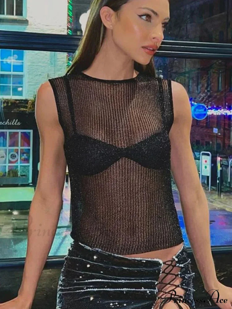 Sleeveless Slim Fit See-Through Vest Corect Sequin Scoop Neck Glitter Outfits Tank Top