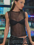 Sleeveless Slim Fit See-Through Vest Corect Sequin Scoop Neck Glitter Outfits Tank Top