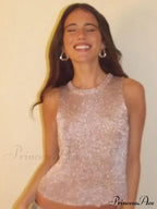 Sleeveless Slim Fit See-Through Vest Corect Sequin Scoop Neck Glitter Outfits Tank Top