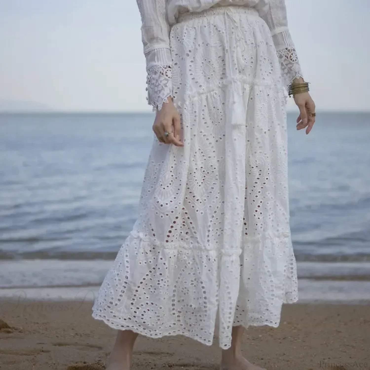 Summer Cotton Full Lace Midi Skirt A-Line Boho Vacation
