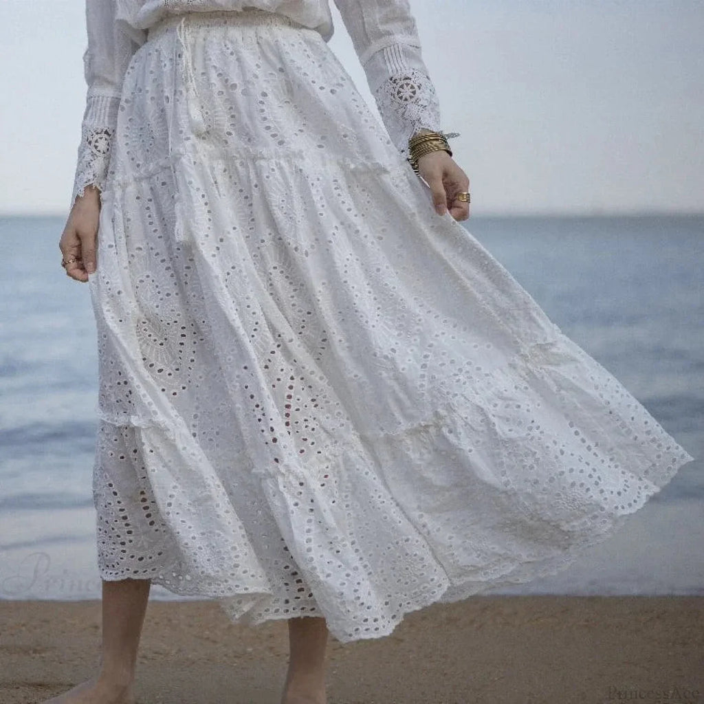 Summer Cotton Full Lace Midi Skirt A-Line Boho Vacation