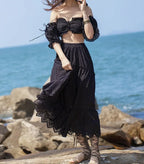 Summer Cotton Full Lace Midi Skirt A-Line Boho Vacation