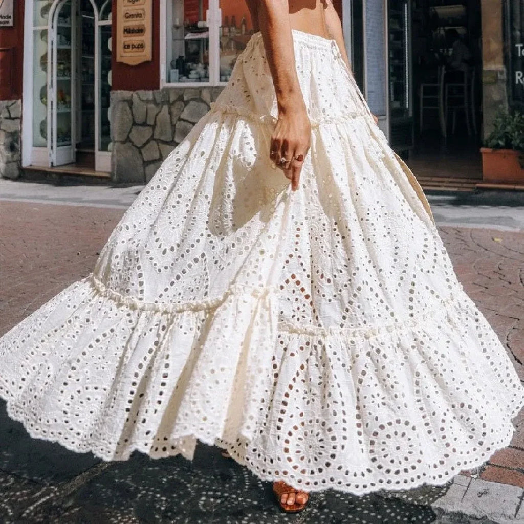 Summer Cotton Full Lace Midi Skirt A-Line Boho Vacation