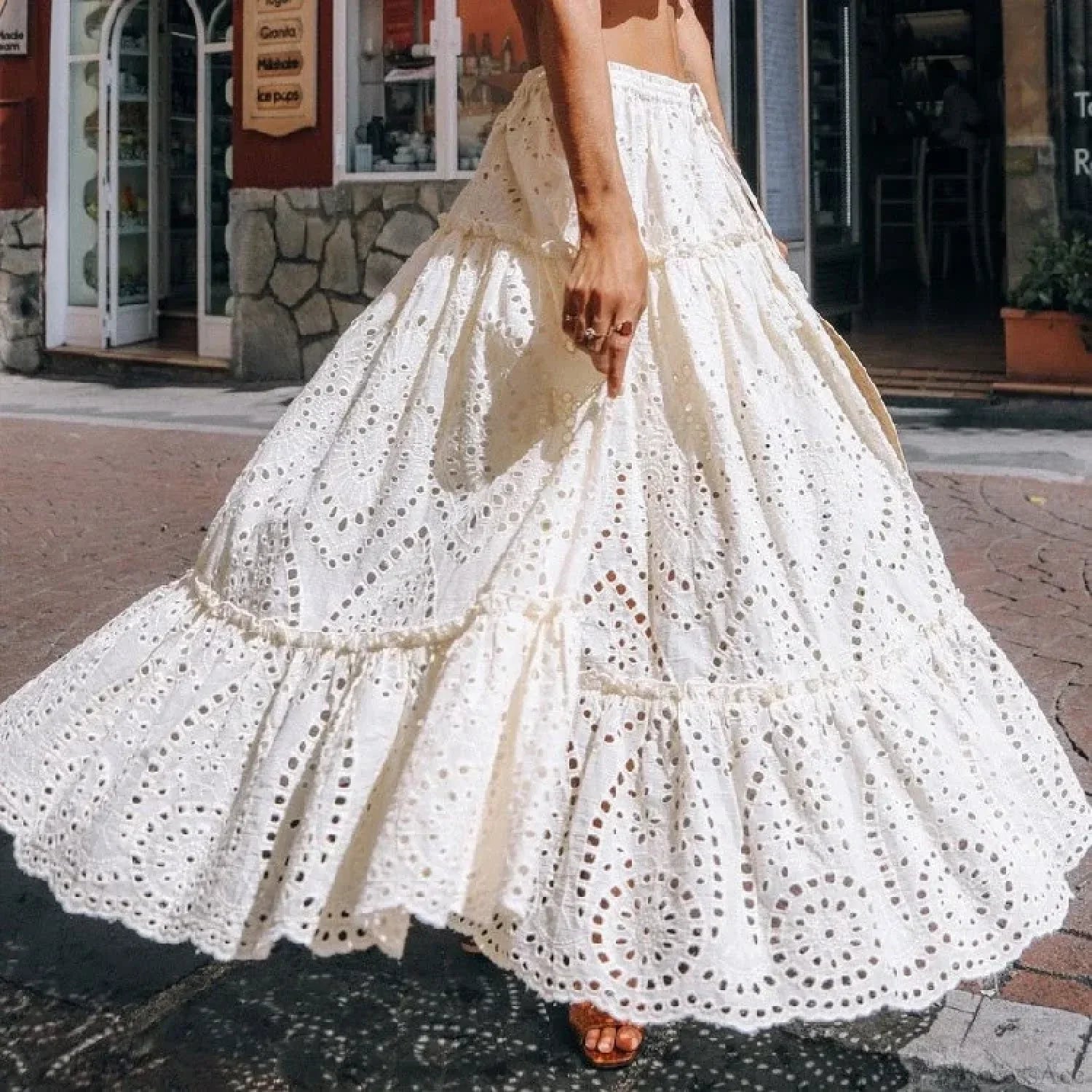 Summer Cotton Full Lace Midi Skirt A-Line Boho Vacation