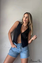 Top Deep V Sleeveless Knitted Cardigan