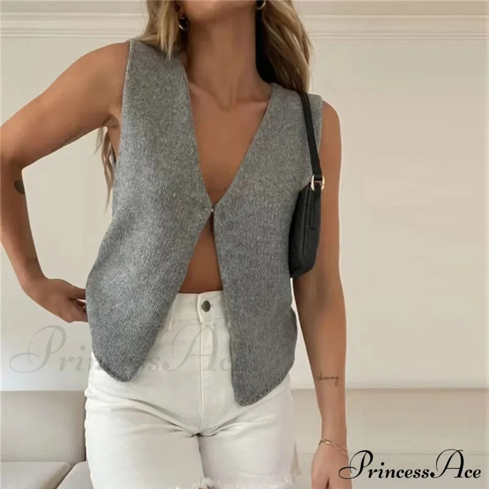 Top Deep V Sleeveless Knitted Cardigan