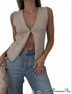 Top Deep V Sleeveless Knitted Cardigan