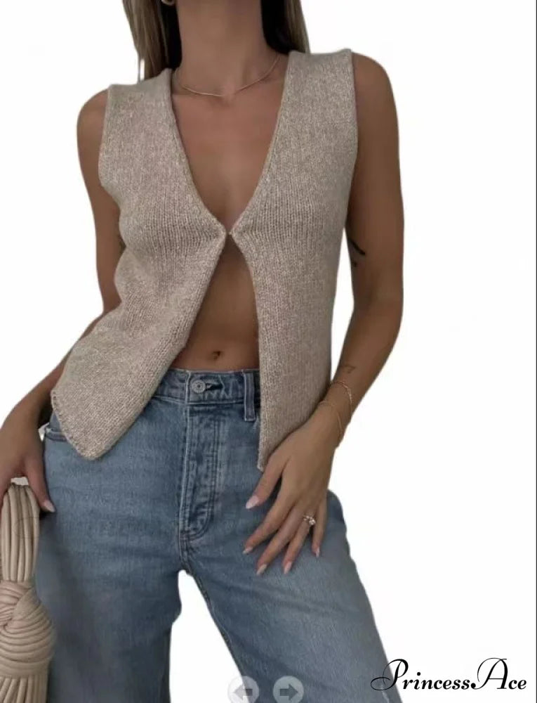 Top Deep V Sleeveless Knitted Cardigan