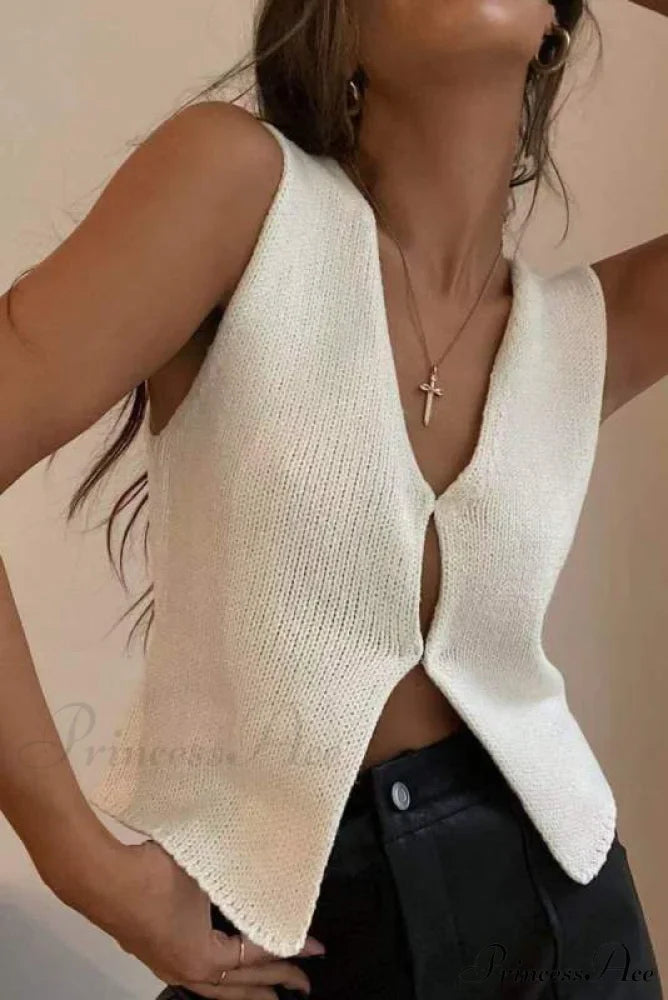 Top Deep V Sleeveless Knitted Cardigan