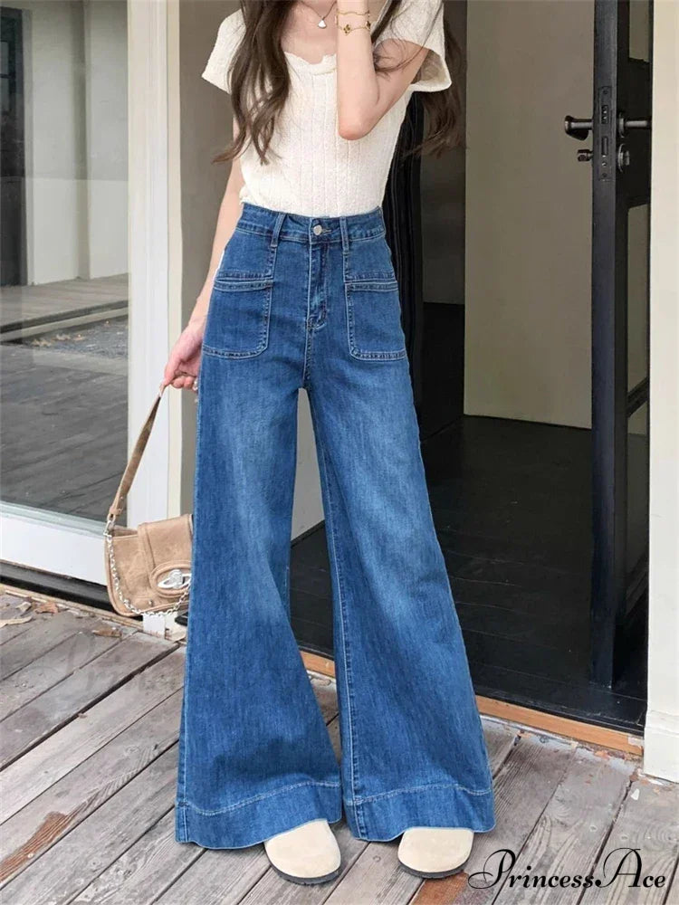 Vintage Style Micro Flared Street Girl Bottoms High Waisted Pant Blue Denim Wide Leg Jeans