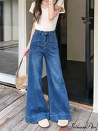 Vintage Style Micro Flared Street Girl Bottoms High Waisted Pant Blue Denim Wide Leg Jeans