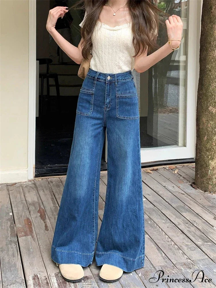 Vintage Style Micro Flared Street Girl Bottoms High Waisted Pant Blue Denim Wide Leg Jeans