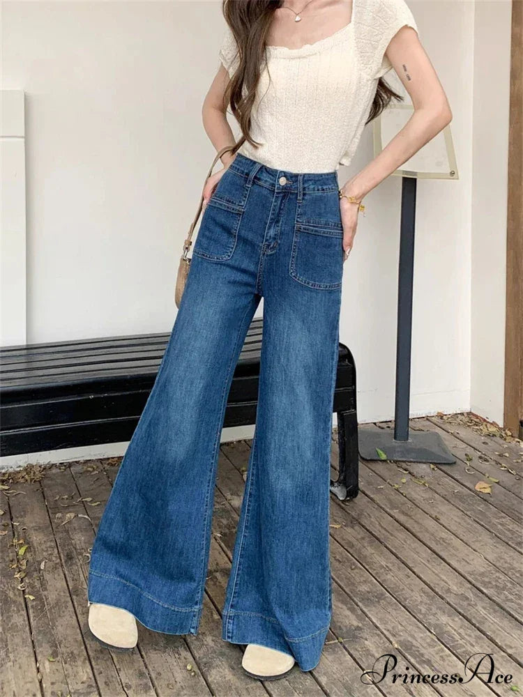 Vintage Style Micro Flared Street Girl Bottoms High Waisted Pant Blue Denim Wide Leg Jeans