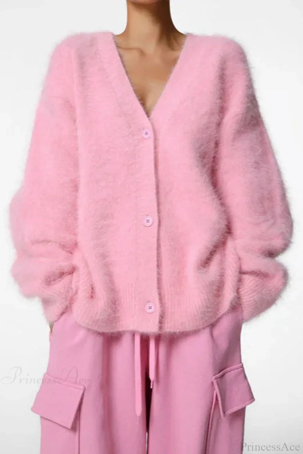 Wool Loose V-Neck Long Sleeve Cardigan