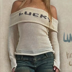Y2K Aesthetic Bowknot Pattern Off - Shoulder Sweater