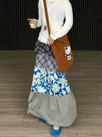 Y2K Blue Flower Patch Full Skirt Personalized Large Pocket
