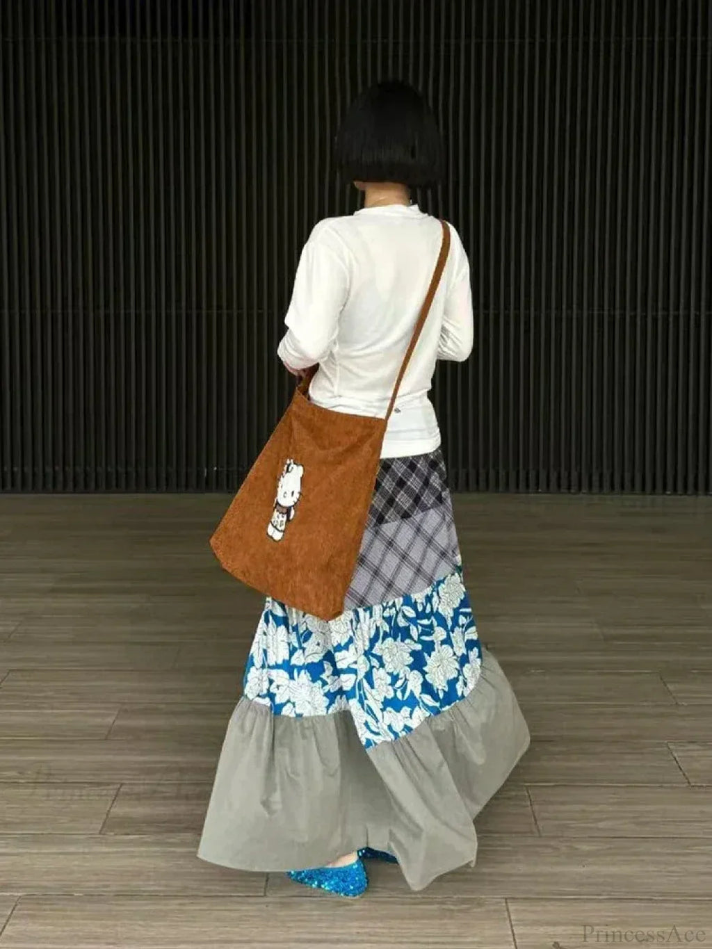 Y2K Blue Flower Patch Full Skirt Personalized Large Pocket