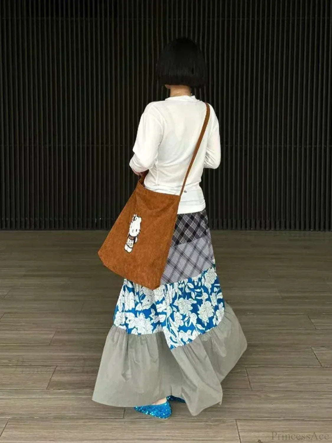 Y2K Blue Flower Patch Full Skirt Personalized Large Pocket