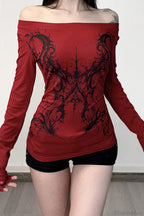 Y2K Dark Print Off Shoulder Long Sleeve Tee