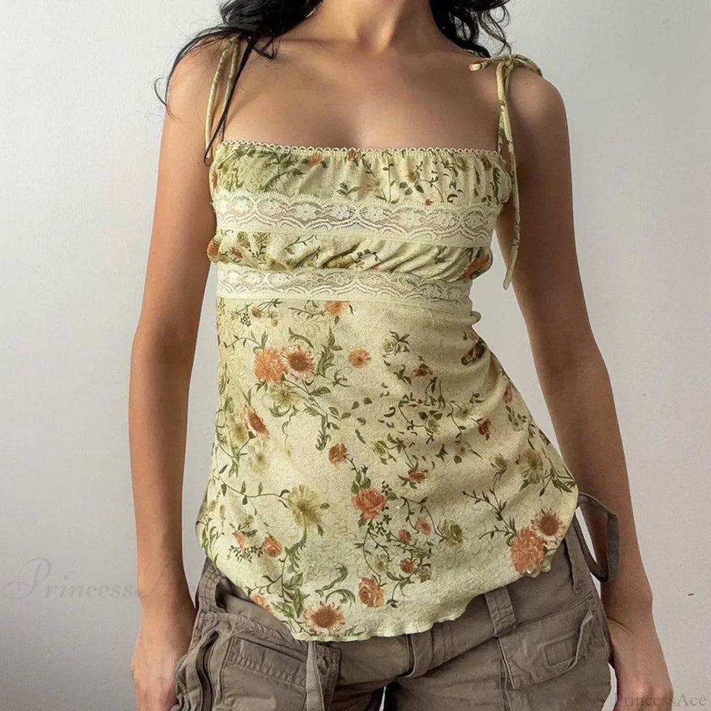 Y2K Floral Print Contrast Lace Patchwork Lace-Up Coquette Grunge Crop Top