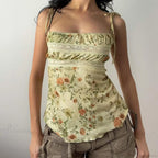Y2K Floral Print Contrast Lace Patchwork Lace-Up Coquette Grunge Crop Top