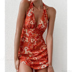 Y2K Floral Sleeveless Halter Neck Backless Dress