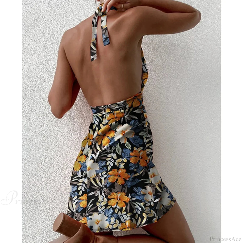 Y2K Floral Sleeveless Halter Neck Backless Dress