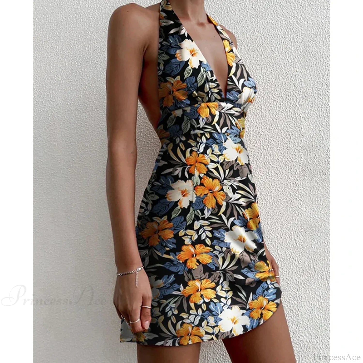 Y2K Floral Sleeveless Halter Neck Backless Dress
