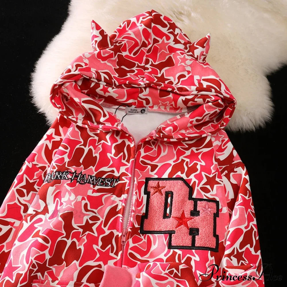 Y2K Hoodie Demon Streetwear Camouflage Up Embroidery Oversized Harajuku Zip Women