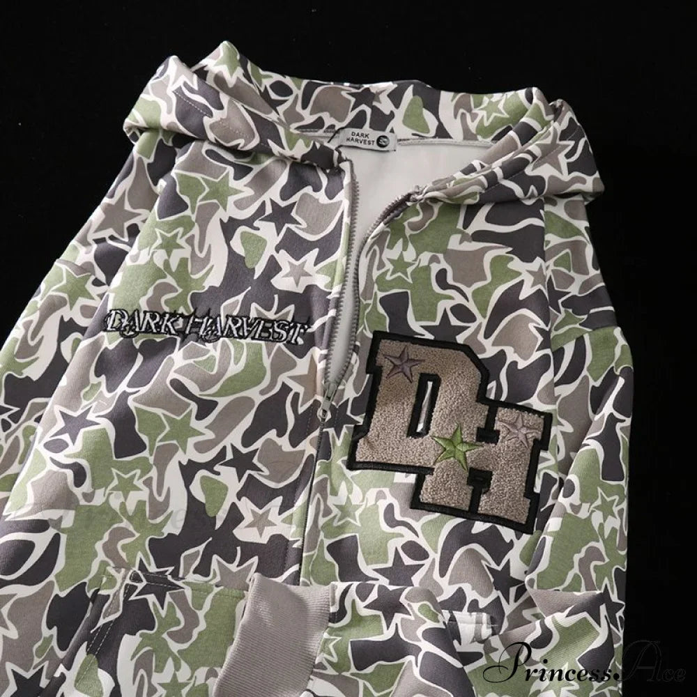 Y2K Hoodie Demon Streetwear Camouflage Up Embroidery Oversized Harajuku Zip Women