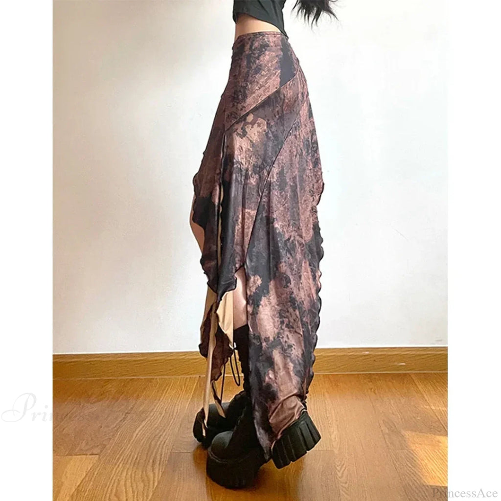 Y2K Irregular Midi Skirt Vintage Boho Ruffles Print