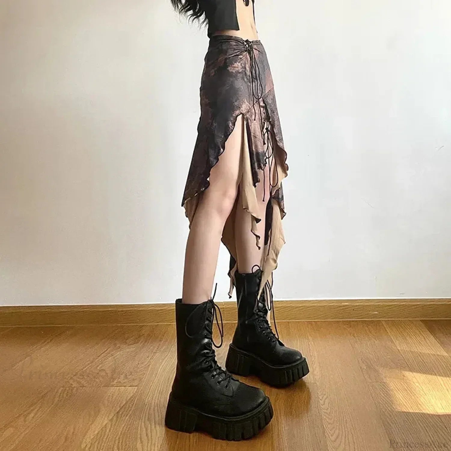 Y2K Irregular Midi Skirt Vintage Boho Ruffles Print