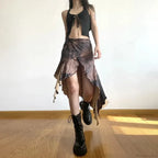Y2K Irregular Midi Skirt Vintage Boho Ruffles Print