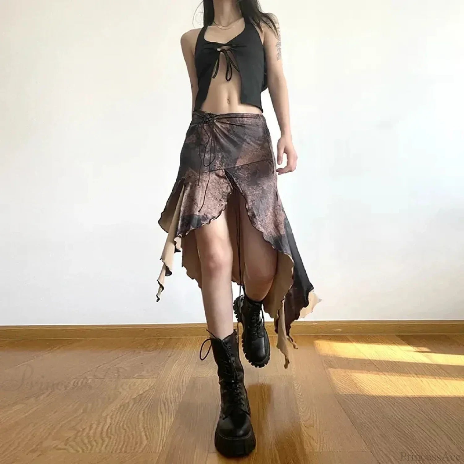 Y2K Irregular Midi Skirt Vintage Boho Ruffles Print