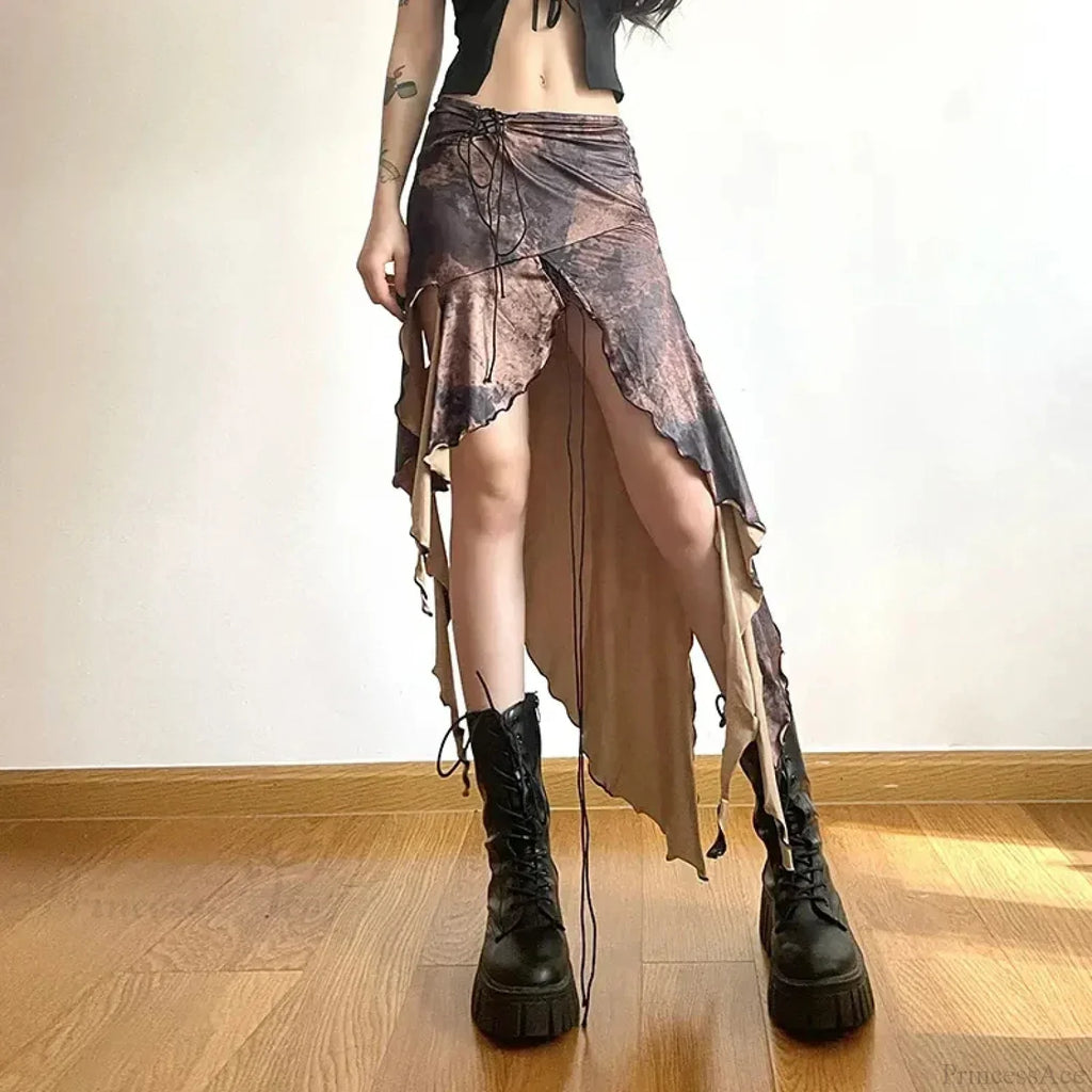 Y2K Irregular Midi Skirt Vintage Boho Ruffles Print