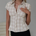 Y2K Plaid Button Down Short Sleeve Blouse
